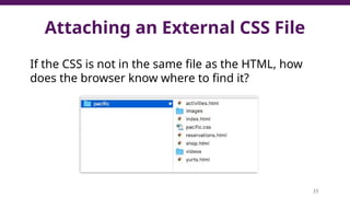 Attaching an External CSS File
33
If the CSS is not in the same file as the HTML, how
does the browser know where to find it?
 