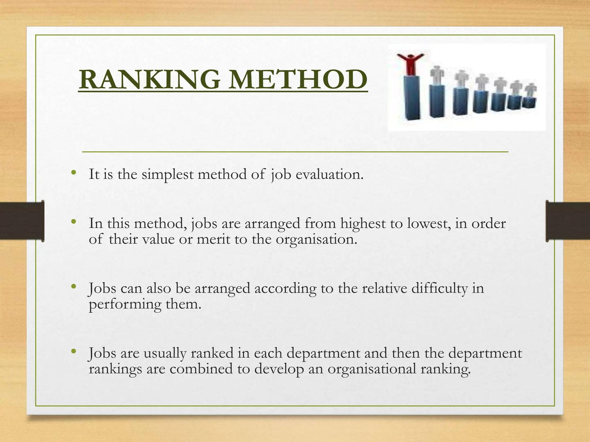 RANKING METHOD
• It is the simplest method of job evaluation.
• In this method, jobs are arranged from highest to lowest, in order
of their value or merit to the organisation.
• Jobs can also be arranged according to the relative difficulty in
performing them.
• Jobs are usually ranked in each department and then the department
rankings are combined to develop an organisational ranking.
 