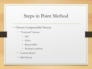 Steps in Point Method
• Choose Compensable Factors
• “Universal” factors:
• Skill
• Effort
• Responsibility
• Working Conditions
• Custom factors
• Sub-Factors
 
