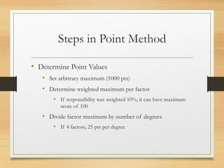 Steps in Point Method
• Determine Point Values
• Set arbitrary maximum (1000 pts)
• Determine weighted maximum per factor
• If responsibility was weighted 10%, it can have maximum
score of 100
• Divide factor maximum by number of degrees
• If 4 factors, 25 pts per degree
 