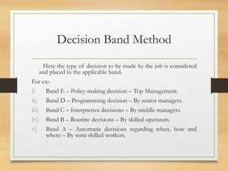 Decision Band Method
Here the type of decision to be made by the job is considered
and placed in the applicable band.
For ex:-
i) Band E – Policy making decision – Top Management.
ii) Band D – Programming decision – By senior managers.
iii) Band C – Interpretive decisions – By middle managers.
iv) Band B – Routine decisions – By skilled operators.
v) Band A – Automatic decisions regarding when, how and
where – By semi skilled workers.
 