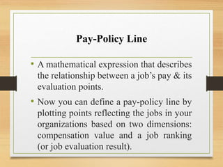 Pay-Policy Line
• A mathematical expression that describes
the relationship between a job’s pay & its
evaluation points.
• Now you can define a pay-policy line by
plotting points reflecting the jobs in your
organizations based on two dimensions:
compensation value and a job ranking
(or job evaluation result).
 