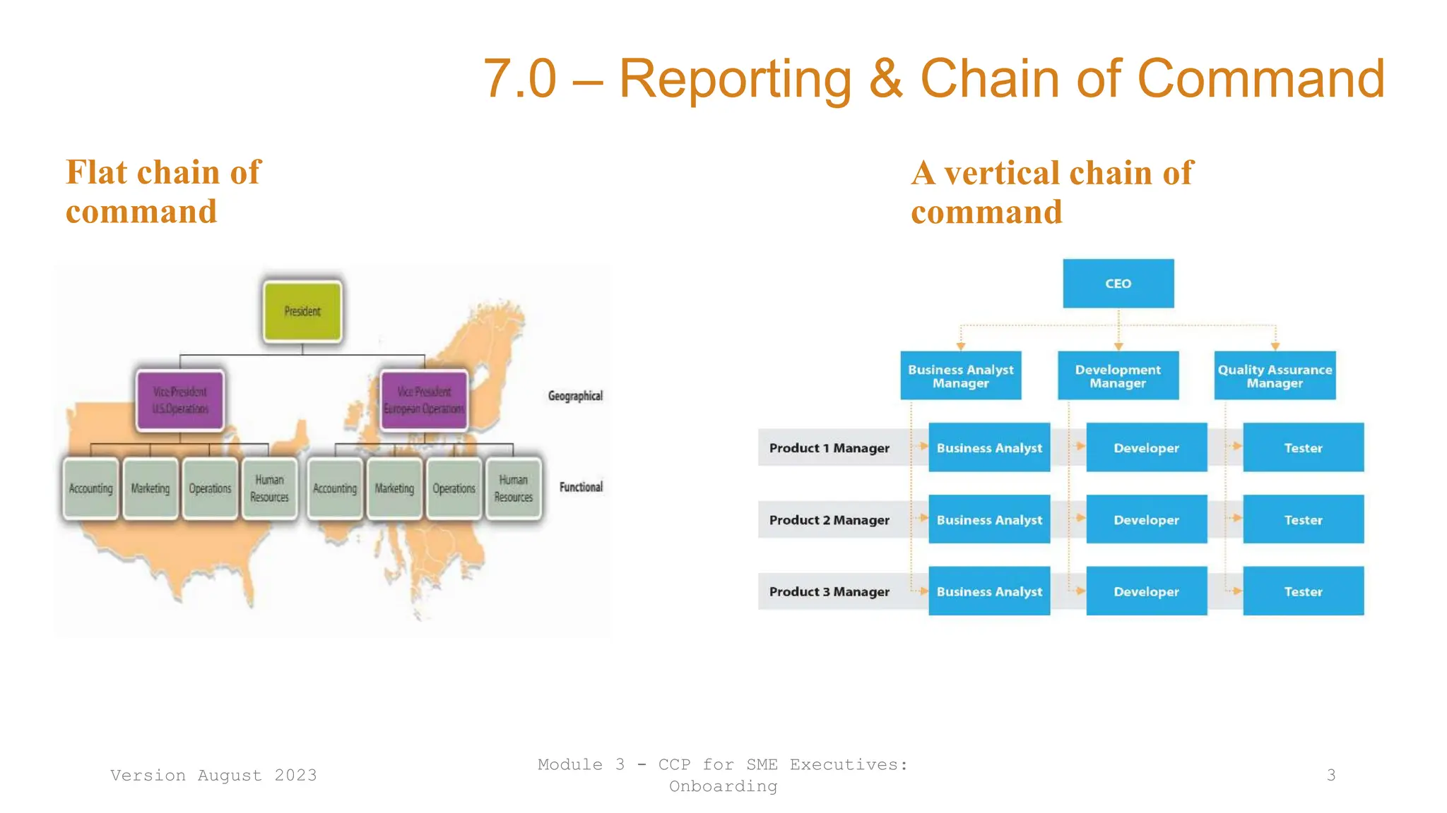 Version August 2023
Module 3 - CCP for SME Executives:
Onboarding
3
7.0 – Reporting & Chain of Command
Flat chain of
command
A vertical chain of
command
 
