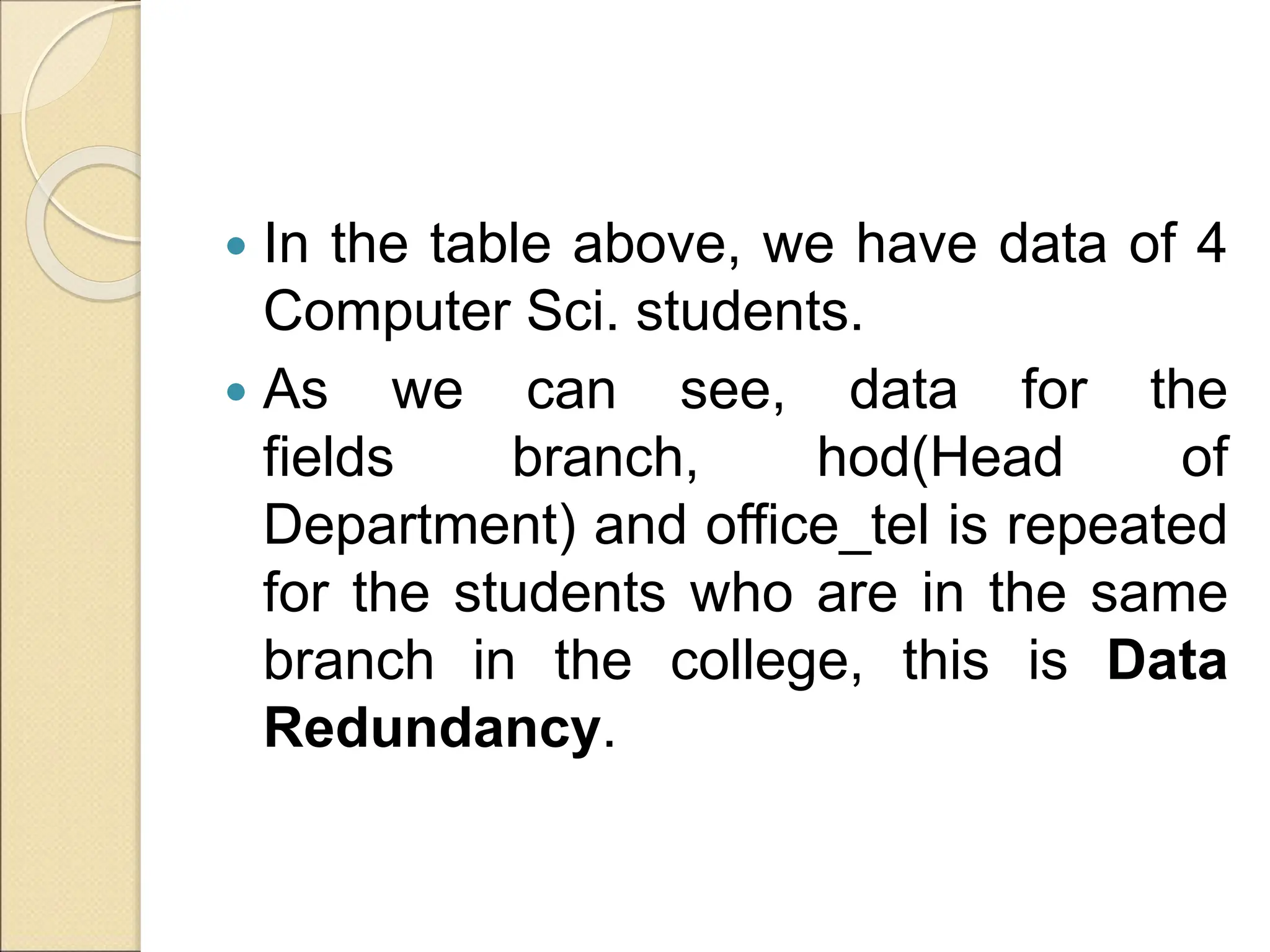  In the table above, we have data of 4
Computer Sci. students.
 As we can see, data for the
fields branch, hod(Head of
Department) and office_tel is repeated
for the students who are in the same
branch in the college, this is Data
Redundancy.
 