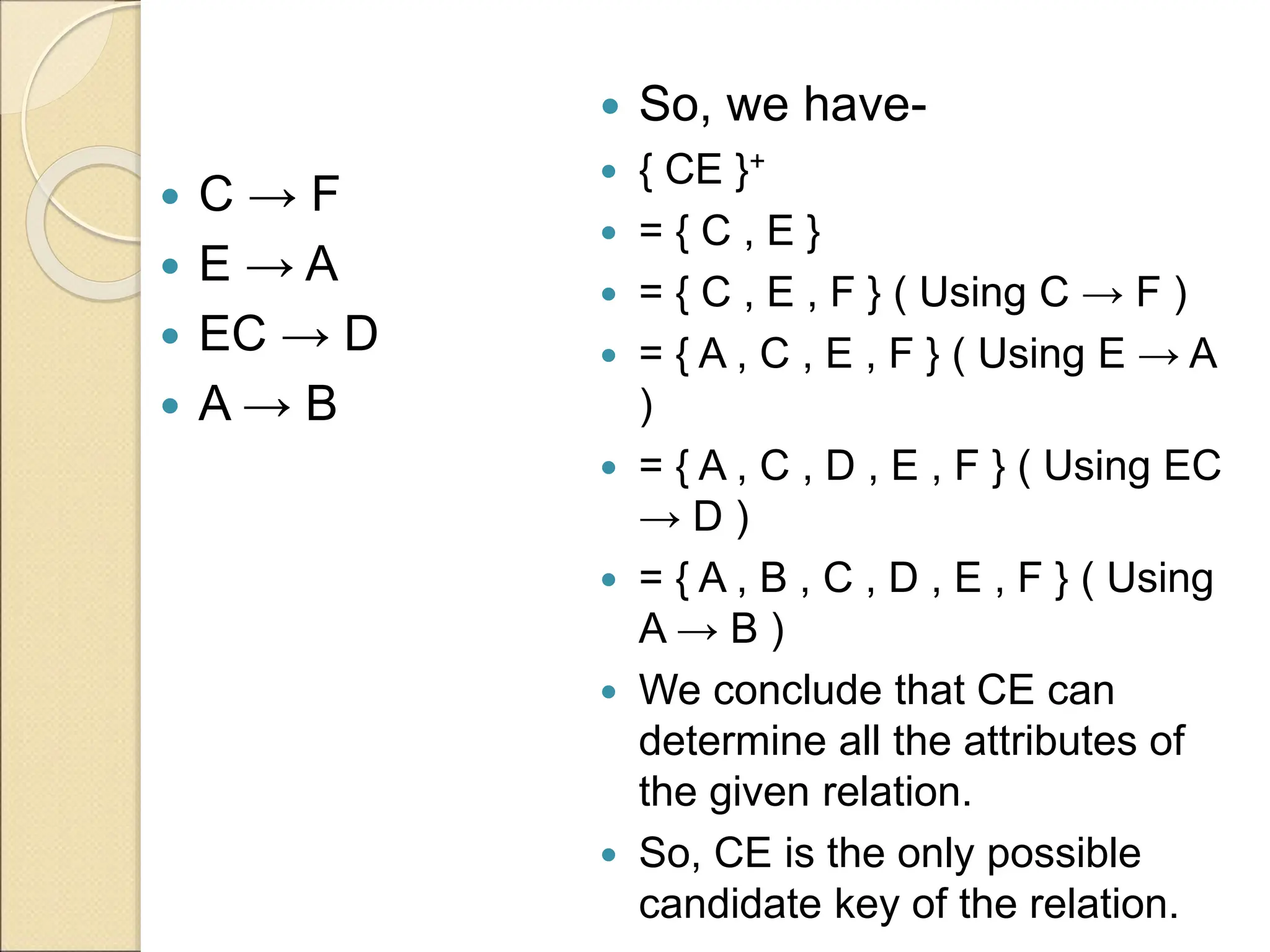  C → F
 E → A
 EC → D
 A → B
 So, we have-
 { CE }+
 = { C , E }
 = { C , E , F } ( Using C → F )
 = { A , C , E , F } ( Using E → A
)
 = { A , C , D , E , F } ( Using EC
→ D )
 = { A , B , C , D , E , F } ( Using
A → B )
 We conclude that CE can
determine all the attributes of
the given relation.
 So, CE is the only possible
candidate key of the relation.
 