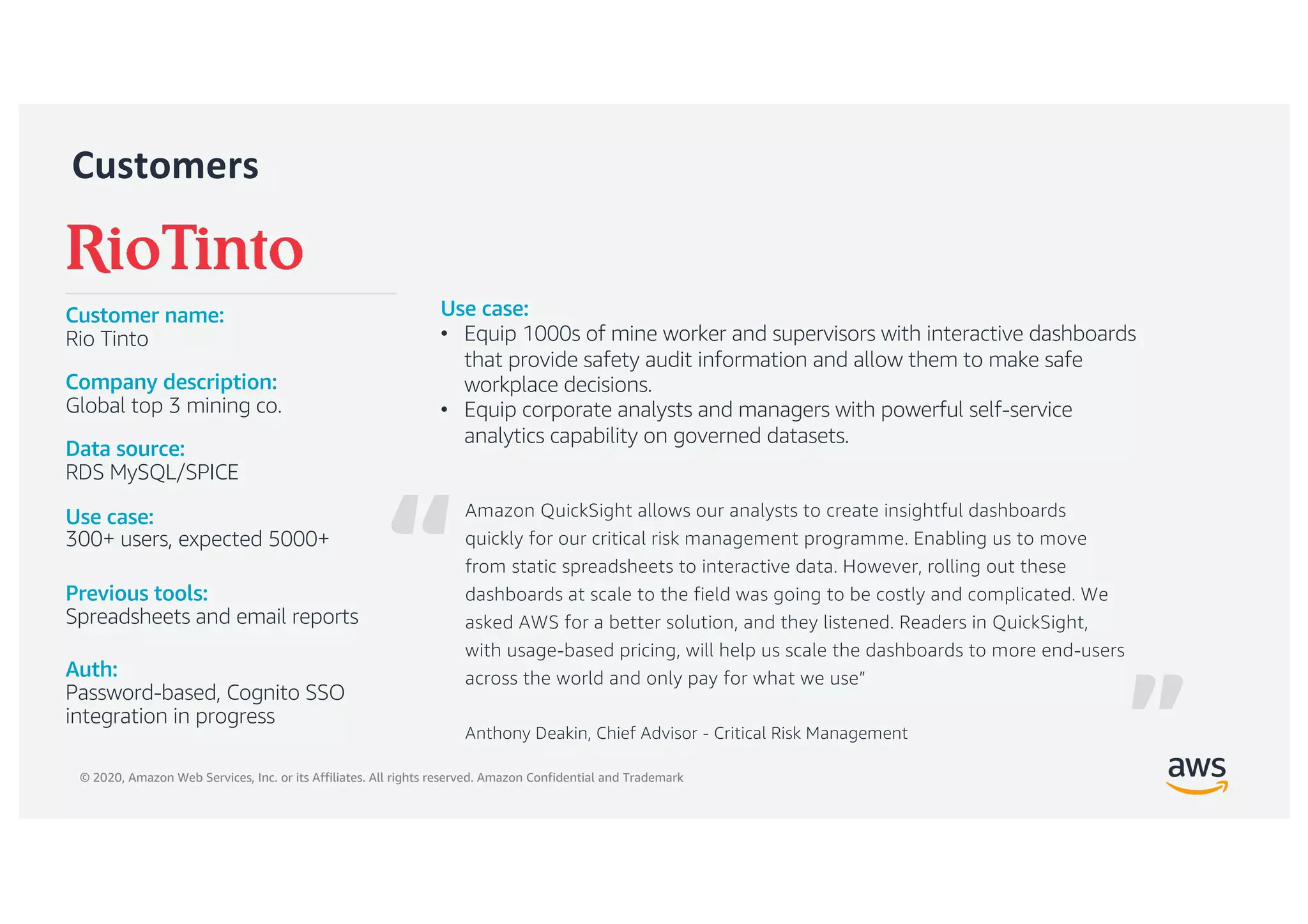 © 2020, Amazon Web Services, Inc. or its Affiliates. All rights reserved. Amazon Confidential and Trademark
”
“
Customers
Amazon QuickSight allows our analysts to create insightful dashboards
quickly for our critical risk management programme. Enabling us to move
from static spreadsheets to interactive data. However, rolling out these
dashboards at scale to the field was going to be costly and complicated. We
asked AWS for a better solution, and they listened. Readers in QuickSight,
with usage-based pricing, will help us scale the dashboards to more end-users
across the world and only pay for what we use”
Anthony Deakin, Chief Advisor - Critical Risk Management
Customer name:
Rio Tinto
Company description:
Global top 3 mining co.
Data source:
RDS MySQL/SPICE
Use case:
300+ users, expected 5000+
Previous tools:
Spreadsheets and email reports
Auth:
Password-based, Cognito SSO
integration in progress
Use case:
• Equip 1000s of mine worker and supervisors with interactive dashboards
that provide safety audit information and allow them to make safe
workplace decisions.
• Equip corporate analysts and managers with powerful self-service
analytics capability on governed datasets.
 