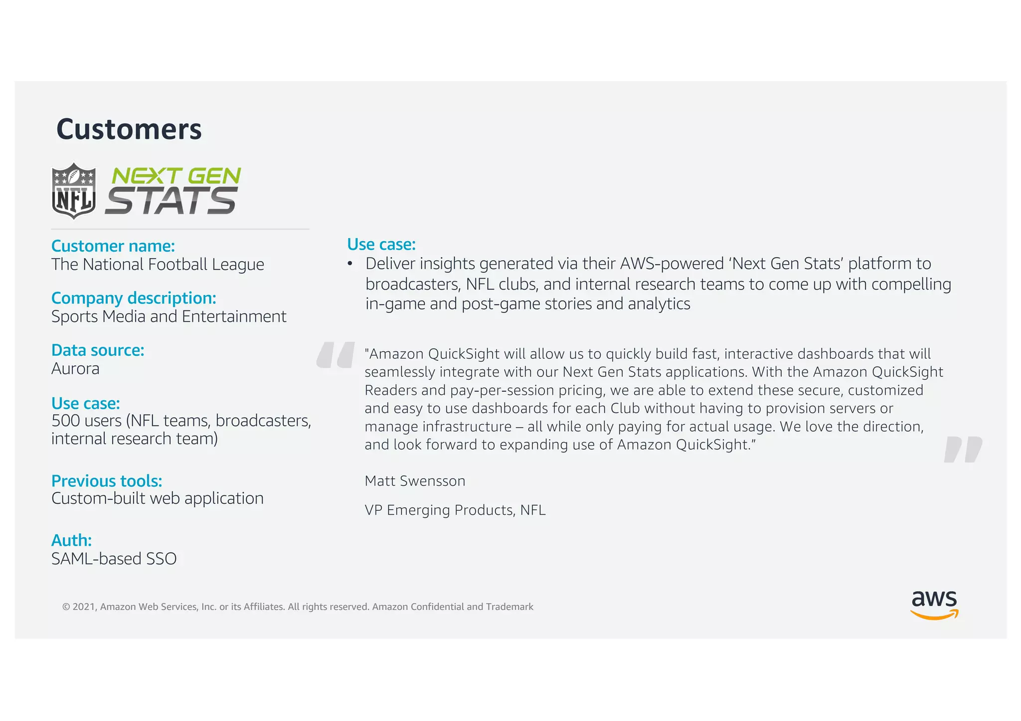 © 2021, Amazon Web Services, Inc. or its Affiliates. All rights reserved. Amazon Confidential and Trademark
“
Customers
"Amazon QuickSight will allow us to quickly build fast, interactive dashboards that will
seamlessly integrate with our Next Gen Stats applications. With the Amazon QuickSight
Readers and pay-per-session pricing, we are able to extend these secure, customized
and easy to use dashboards for each Club without having to provision servers or
manage infrastructure – all while only paying for actual usage. We love the direction,
and look forward to expanding use of Amazon QuickSight.”
Matt Swensson
VP Emerging Products, NFL
Customer name:
The National Football League
Company description:
Sports Media and Entertainment
Data source:
Aurora
Use case:
500 users (NFL teams, broadcasters,
internal research team)
Previous tools:
Custom-built web application
Auth:
SAML-based SSO
Use case:
• Deliver insights generated via their AWS-powered ‘Next Gen Stats’ platform to
broadcasters, NFL clubs, and internal research teams to come up with compelling
in-game and post-game stories and analytics
”
 