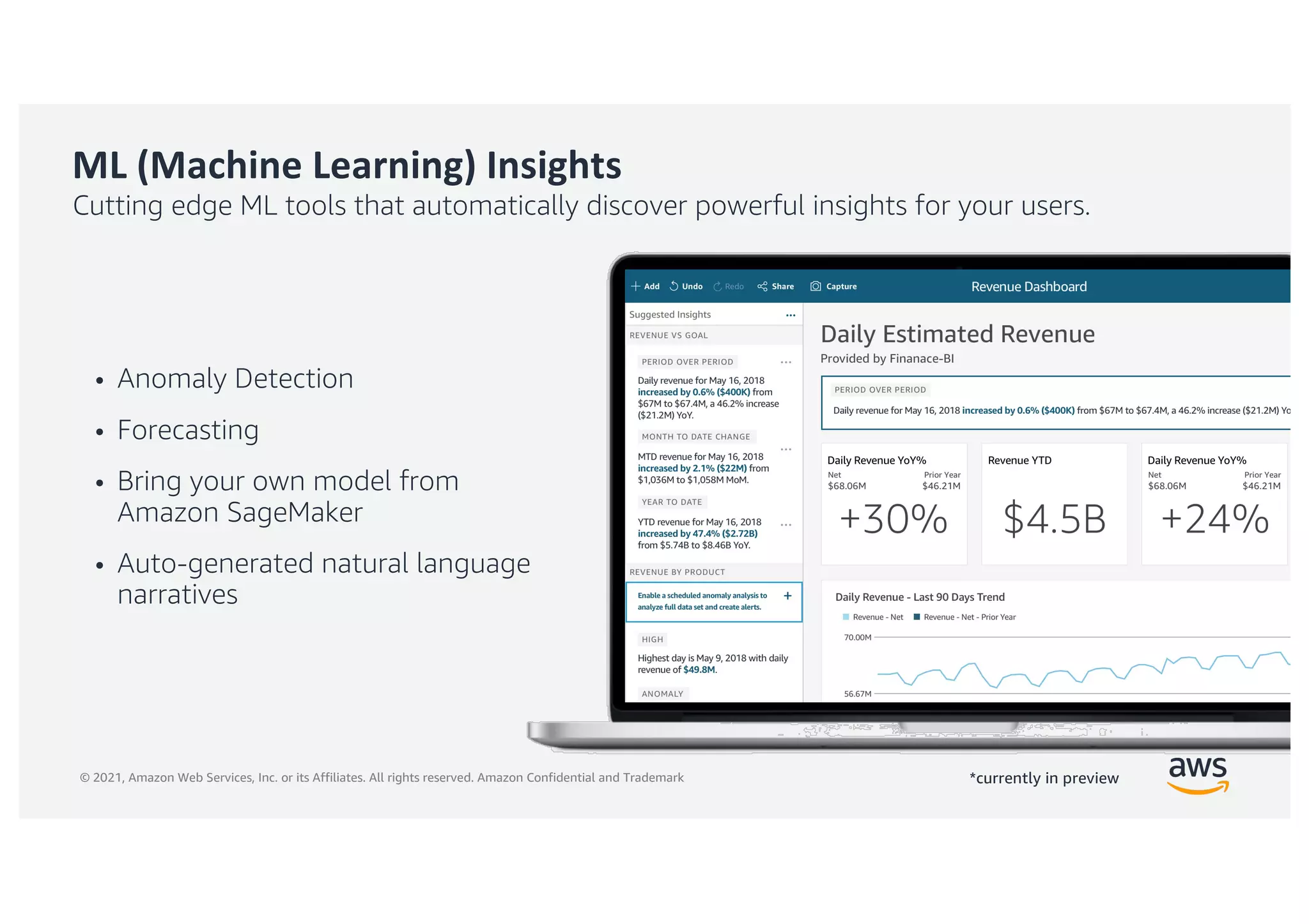 © 2021, Amazon Web Services, Inc. or its Affiliates. All rights reserved. Amazon Confidential and Trademark
ML (Machine Learning) Insights
Cutting edge ML tools that automatically discover powerful insights for your users.
• Anomaly Detection
• Forecasting
• Bring your own model from
Amazon SageMaker
• Auto-generated natural language
narratives
*currently in preview
 