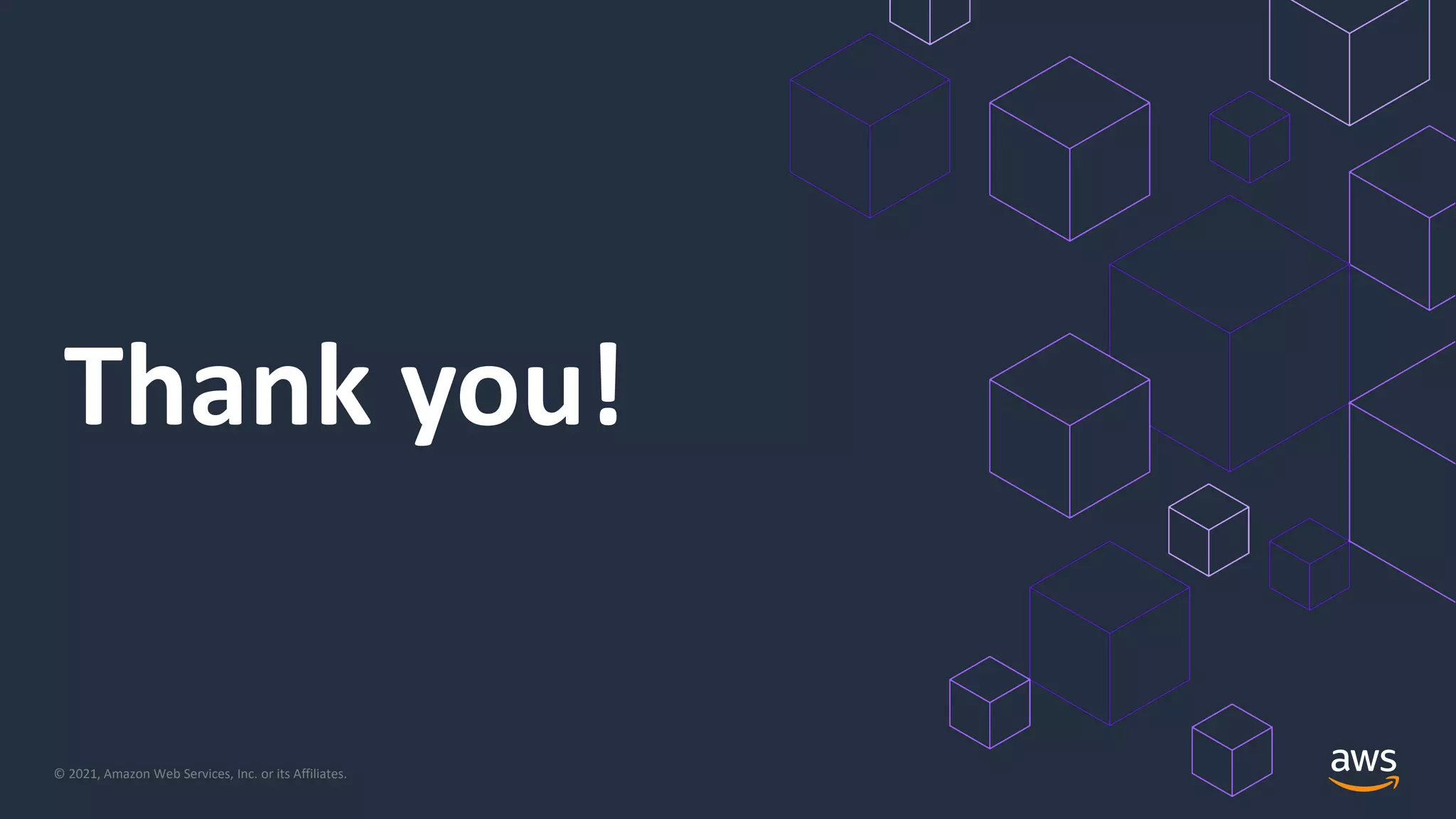 © 2021, Amazon Web Services, Inc. or its Affiliates.
Thank you!
 
