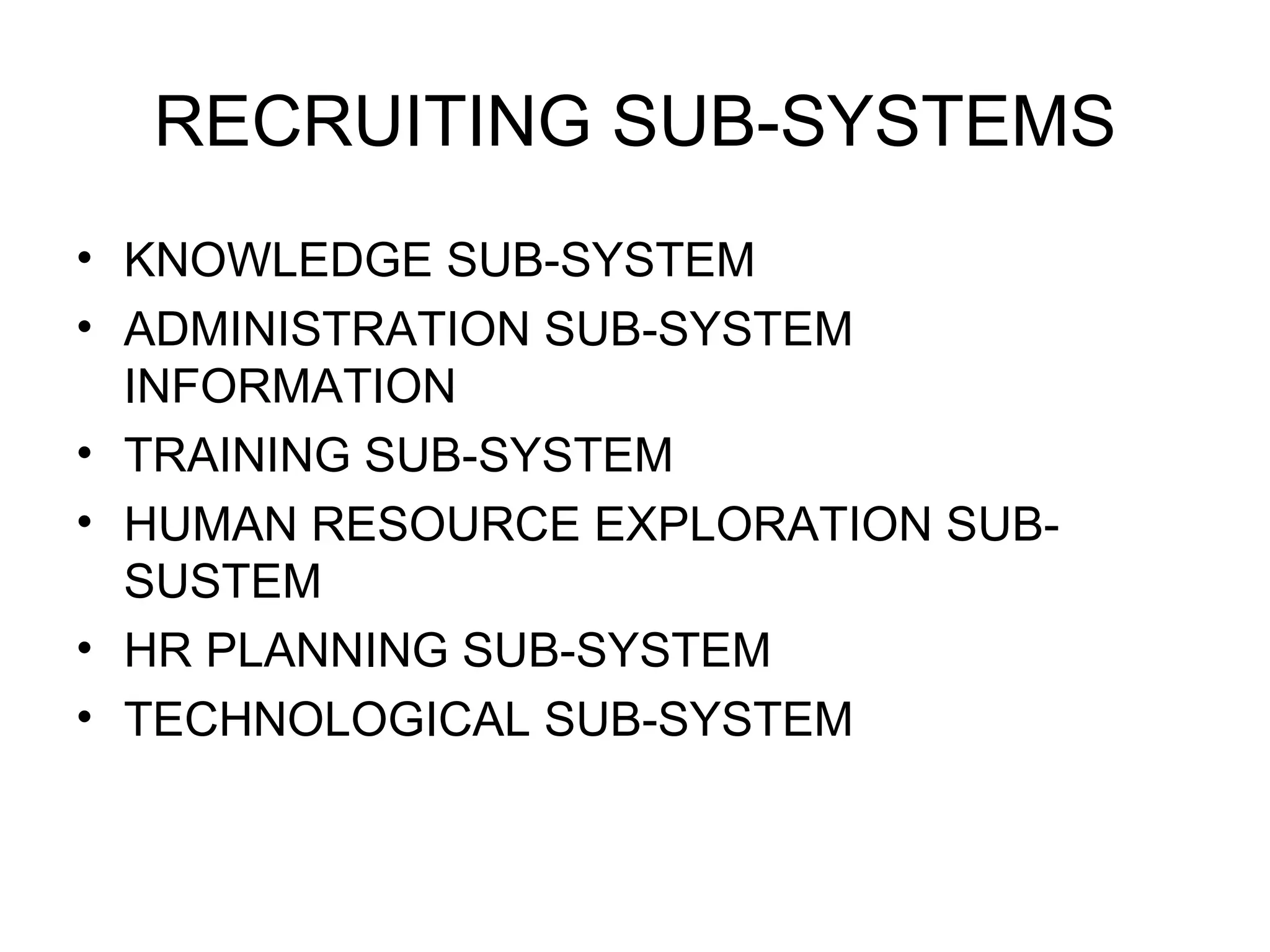 RECRUITING SUB-SYSTEMS KNOWLEDGE SUB-SYSTEM ADMINISTRATION SUB-SYSTEM INFORMATION TRAINING SUB-SYSTEM HUMAN RESOURCE EXPLORATION SUB-SUSTEM HR PLANNING SUB-SYSTEM TECHNOLOGICAL SUB-SYSTEM 
