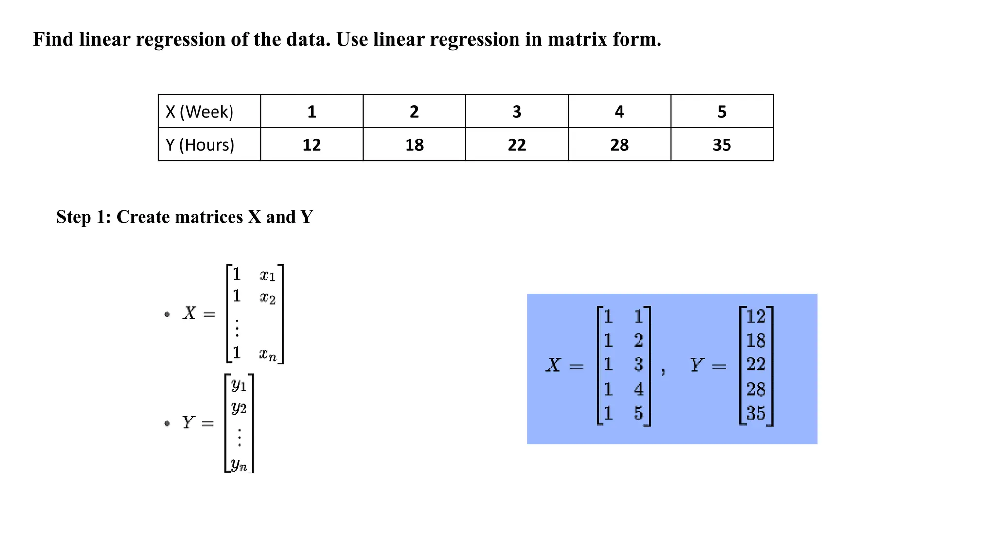 X (Week) 1 2 3 4 5
Y (Hours) 12 18 22 28 35
Find linear regression of the data. Use linear regression in matrix form.
Step 1: Create matrices X and Y
 