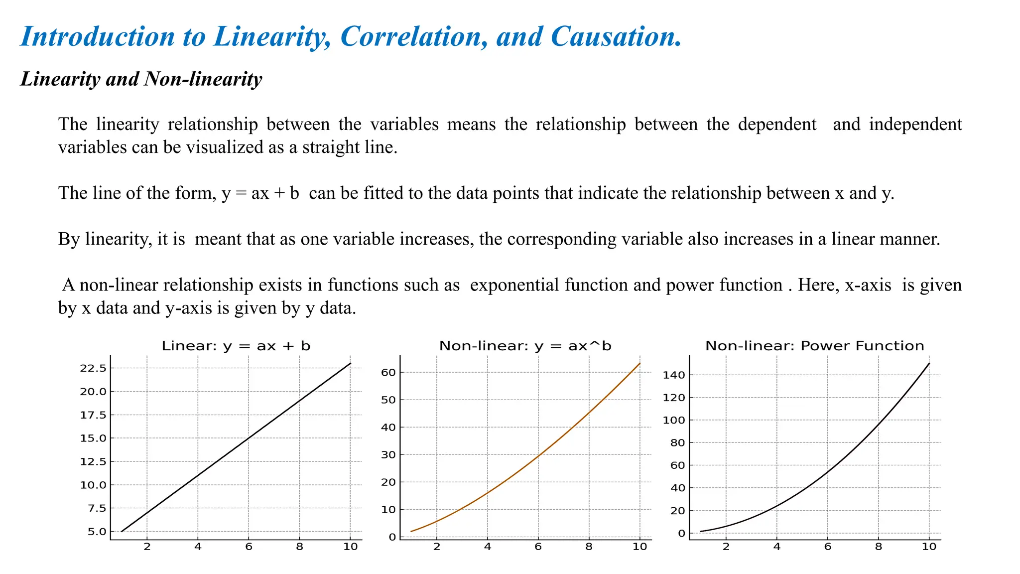 Linearity and Non-linearity
Introduction to Linearity, Correlation, and Causation.
The linearity relationship between the variables means the relationship between the dependent and independent
variables can be visualized as a straight line.
The line of the form, y = ax + b can be fitted to the data points that indicate the relationship between x and y.
By linearity, it is meant that as one variable increases, the corresponding variable also increases in a linear manner.
A non-linear relationship exists in functions such as exponential function and power function . Here, x-axis is given
by x data and y-axis is given by y data.
 