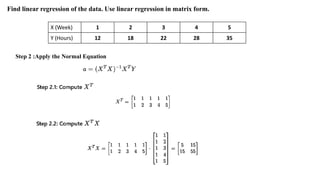 X (Week) 1 2 3 4 5
Y (Hours) 12 18 22 28 35
Find linear regression of the data. Use linear regression in matrix form.
Step 2 :Apply the Normal Equation
 