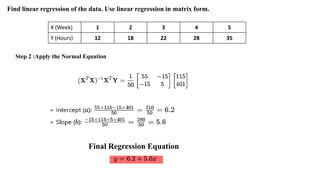 X (Week) 1 2 3 4 5
Y (Hours) 12 18 22 28 35
Find linear regression of the data. Use linear regression in matrix form.
Step 2 :Apply the Normal Equation
Final Regression Equation
 