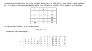 Using multiple regression, fit a line for the following dataset shown in Table. Here, z is the equity, x is the net sales
and y is the asset. z is the dependent variable and x, y are independent variables. All the data is in million dollars.
z x y
4 12 8
6 18 12
7 22 16
8 28 36
11 35 42
The regression coefficients can be found as follows
Substituting the values one get,
 