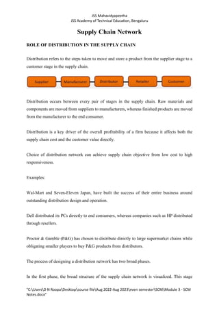 JSS Mahavidyapeetha
JSS Academy of Technical Education, Bengaluru
"C:UsersD N RoopaDesktopcourse fileAug 2022-Aug 2023even semesterSCMModule 3 - SCM
Notes.docx"
Supply Chain Network
ROLE OF DISTRIBUTION IN THE SUPPLY CHAIN
Distribution refers to the steps taken to move and store a product from the supplier stage to a
customer stage in the supply chain.
Distribution occurs between every pair of stages in the supply chain. Raw materials and
components are moved from suppliers to manufacturers, whereas finished products are moved
from the manufacturer to the end consumer.
Distribution is a key driver of the overall profitability of a firm because it affects both the
supply chain cost and the customer value directly.
Choice of distribution network can achieve supply chain objective from low cost to high
responsiveness.
Examples:
Wal-Mart and Seven-Eleven Japan, have built the success of their entire business around
outstanding distribution design and operation.
Dell distributed its PCs directly to end consumers, whereas companies such as HP distributed
through resellers.
Proctor & Gamble (P&G) has chosen to distribute directly to large supermarket chains while
obligating smaller players to buy P&G products from distributors.
The process of designing a distribution network has two broad phases.
In the first phase, the broad structure of the supply chain network is visualized. This stage
 