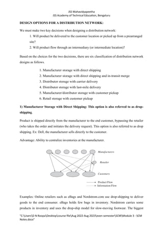 JSS Mahavidyapeetha
JSS Academy of Technical Education, Bengaluru
"C:UsersD N RoopaDesktopcourse fileAug 2022-Aug 2023even semesterSCMModule 3 - SCM
Notes.docx"
DESIGN OPTIONS FOR A DISTRIBUTION NETWORK:
We must make two key decisions when designing a distribution network:
1. Will product be delivered to the customer location or picked up from a prearranged
site?
2. Will product flow through an intermediary (or intermediate location)?
Based on the choices for the two decisions, there are six classification of distribution network
designs as follows.
1. Manufacturer storage with direct shipping
2. Manufacturer storage with direct shipping and in-transit merge
3. Distributor storage with carrier delivery
4. Distributor storage with last-mile delivery
5. Manufacturer/distributor storage with customer pickup
6. Retail storage with customer pickup
1) Manufacturer Storage with Direct Shipping: This option is also referred to as drop-
shipping.
Product is shipped directly from the manufacturer to the end customer, bypassing the retailer
(who takes the order and initiates the delivery request). This option is also referred to as drop
shipping. Ex: Dell, the manufacturer sells directly to the customer.
Advantage: Ability to centralize inventories at the manufacturer.
Examples: Online retailers such as eBags and Nordstrom.com use drop-shipping to deliver
goods to the end consumer. eBags holds few bags in inventory. Nordstrom carries some
products in inventory and uses the drop-ship model for slow-moving footwear. The biggest
 