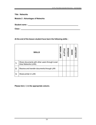 ICTL For Secondary School - networks
10
Title : Networks
Module 2 : Advantages of Networks
Student name : ___________________________________________________
Class : ____________________________________________________________
At the end of the lesson student have learn the following skills :
SKILLS
DON’TKNOW
ALITTLE
AVERAGE
GOOD
EXCELLENT
1.
Share documents with other users through Local
Area Networks (LAN).
2. Receive and transfer documents through LAN
3. Share printer in LAN
Please tick (√ ) in the appropriate column.
 