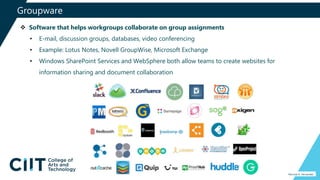 Groupware
Percival A. Fernandez
 Software that helps workgroups collaborate on group assignments
• E-mail, discussion groups, databases, video conferencing
• Example: Lotus Notes, Novell GroupWise, Microsoft Exchange
• Windows SharePoint Services and WebSphere both allow teams to create websites for
information sharing and document collaboration
 