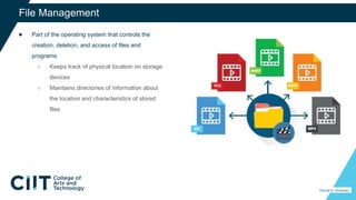 ● Part of the operating system that controls the
creation, deletion, and access of files and
programs
○ Keeps track of physical location on storage
devices
○ Maintains directories of information about
the location and characteristics of stored
files
28
File Management
Percival A. Fernandez
 