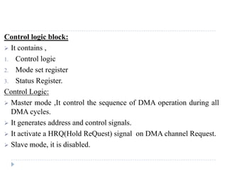 MODULE 3 MCA-203 MICROPROCESSORS AND EMBEDDED SYSTEM ADMN 2014-‘17
Dept. of Computer Science And Applications, SJCET, Palai Page 63
1. MODE 0(Basic input / Output):
• Ports A, B, and C can be individually programmed as input or output ports
• Outputs are latched, Inputs are buffered not latched.
• There is no handshake signals
2. MODE 1 :( Input/output with Handshakes)
• Input or output is transferred by hand shaking Signals.
• Input and Output data are latched.
• Ports A and B are programmed as input or output ports and Port C is used for handshaking
3. MODE 2 (bi-directional I/O data transfer)
• This mode allows bidirectional data transfer over a single 8-bit data bus using handshake signals.
• This feature is possible only Group A
• Port A is working as 8-bit bidirectional.
• PC3-PC7 is used for handshaking purpose
 
