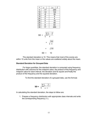 13
SD =
( )
9
2
∑ − xx
=
9
900
= 100
SD = 10
The standard deviation is 10. This means that most of the scores are
within 10 units from the mean or the values are scattered widely about the mean.
Standard Deviation for Grouped Data
For large quantities, the standard deviation is computed using frequency
distribution with columns for the midpoint value, the product of the frequency and
midpoint value for each interval, the deviation and its square and finally the
product of the frequency and the squared deviation.
To find the standard deviation of a grouped data, use the formula
SD =
( )
1
2
−
−∑
n
fxx
In calculating the standard deviation, the steps to follow are:
1. Prepare a frequency distribution with appropriate class intervals and write
the corresponding frequency ( f ).
x x - x ( x - x )2
5 -17 289
10 -12 144
16 -6 36
19 -3 9
24 2 4
26 4 16
29 7 49
30 8 64
39 17 289
 