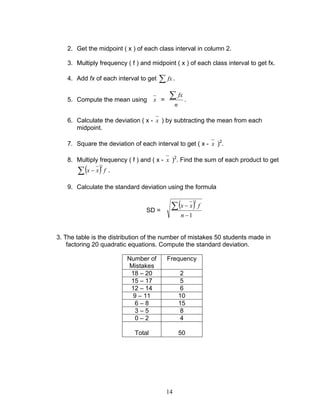 14
2. Get the midpoint ( x ) of each class interval in column 2.
3. Multiply frequency ( f ) and midpoint ( x ) of each class interval to get fx.
4. Add fx of each interval to get ∑ fx .
5. Compute the mean using x =
n
fx∑ .
6. Calculate the deviation ( x - x ) by subtracting the mean from each
midpoint.
7. Square the deviation of each interval to get ( x - x )2
.
8. Multiply frequency ( f ) and ( x - x )2
. Find the sum of each product to get
( ) fxx∑ −
2
.
9. Calculate the standard deviation using the formula
SD =
( )
1
2
−
−∑
n
fxx
3. The table is the distribution of the number of mistakes 50 students made in
factoring 20 quadratic equations. Compute the standard deviation.
Number of
Mistakes
Frequency
18 – 20 2
15 – 17 5
12 – 14 6
9 – 11 10
6 – 8 15
3 – 5 8
0 – 2 4
Total 50
 