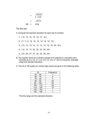19
=
450,2
025,168
= 58.68
SD = 8.28
Try this out
A. Compute the standard deviation for each set of numbers.
1. ( 12, 13, 14, 15, 16, 17, 18 )
2. ( 7, 7, 8, 12, 14, 14, 14, 14, 15, 15 )
3. ( 12, 12, 13, 13, 13, 13, 13, 15, 19, 20, 20 )
4. ( 12, 13, 17, 22, 22, 23, 25, 26 )
5. ( 23, 25, 27, 27, 32, 32, 36, 38 )
B. The reaction times for a random sample of 9 subjects to a stimulant were
recorded as 2.5, 3.6, 3.1, 4.3, 2.9, 2.3, 2.6, 4.1 and 3.4 seconds. Calculate
range and standard deviation.
C. The IQ of 100 pupils at a certain high school are given in the following table.
IQ Frequency
55 - 64 1
65 - 74 3
75 - 84 7
85 - 94 20
95 - 104 32
105 - 114 25
115 - 124 10
125 - 154 1
135 - 144 1
Find the range and the standard deviation.
 