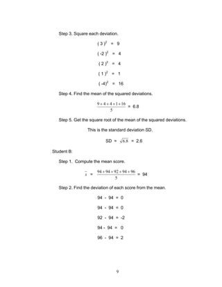9
Step 3. Square each deviation.
( 3 )2
= 9
( -2 )2
= 4
( 2 )2
= 4
( 1 )2
= 1
( -4)2
= 16
Step 4. Find the mean of the squared deviations.
5
161449 ++++
= 6.8
Step 5. Get the square root of the mean of the squared deviations.
This is the standard deviation SD.
SD = 8.6 = 2.6
Student B:
Step 1. Compute the mean score.
x =
5
9694929494 ++++
= 94
Step 2. Find the deviation of each score from the mean.
94 - 94 = 0
94 - 94 = 0
92 - 94 = -2
94 - 94 = 0
96 - 94 = 2
 