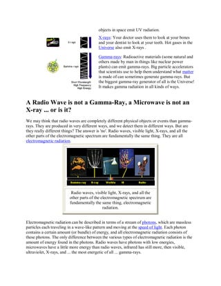 objects in space emit UV radiation.
                                          X-rays: Your doctor uses them to look at your bones
                                          and your dentist to look at your teeth. Hot gases in the
                                          Universe also emit X-rays .

                                          Gamma-rays: Radioactive materials (some natural and
                                          others made by man in things like nuclear power
                                          plants) can emit gamma-rays. Big particle accelerators
                                          that scientists use to help them understand what matter
                                          is made of can sometimes generate gamma-rays. But
                                          the biggest gamma-ray generator of all is the Universe!
                                          It makes gamma radiation in all kinds of ways.


A Radio Wave is not a Gamma-Ray, a Microwave is not an
X-ray ... or is it?
We may think that radio waves are completely different physical objects or events than gamma-
rays. They are produced in very different ways, and we detect them in different ways. But are
they really different things? The answer is 'no'. Radio waves, visible light, X-rays, and all the
other parts of the electromagnetic spectrum are fundamentally the same thing. They are all
electromagnetic radiation.




                          Radio waves, visible light, X-rays, and all the
                         other parts of the electromagnetic spectrum are
                         fundamentally the same thing, electromagnetic
                                             radiation.


Electromagnetic radiation can be described in terms of a stream of photons, which are massless
particles each traveling in a wave-like pattern and moving at the speed of light. Each photon
contains a certain amount (or bundle) of energy, and all electromagnetic radiation consists of
these photons. The only difference between the various types of electromagnetic radiation is the
amount of energy found in the photons. Radio waves have photons with low energies,
microwaves have a little more energy than radio waves, infrared has still more, then visible,
ultraviolet, X-rays, and ... the most energetic of all ... gamma-rays.
 