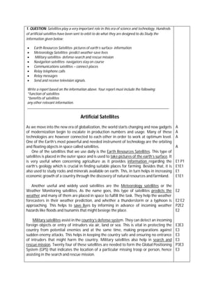 1. QUESTION: Satellites play a very important role in this era of science and technology. Hundreds
of artificial satellites have been sent to orbit to do what they are designed to do.Study the
information given below:

    Earth Resources Satellites- pictures of earth’s surface- information
    Meteorology Satellites- predict weather-save lives
     Military satellites- defense-search and rescue mission
    Navigation satellites- navigators stay on course
    Communications satellites – connect places
    Relay telephone calls
    Relay messages
    Send and receive television signals.

Write a report based on the information above. Your report must include the following;
*function of satellites
*benefits of satellites
any other relevant information.
______________________________________________________________________________

                                     Artificial Satellites
As we move into the new era of globalization, the world starts changing and now gadgets              A
of modernization begin to escalate in production numbers and usage. Many of these                    A
technologies are however connected to each other in order to work at optimum level.                  A
One of the Earth’s most powerful and needed instrument of technology are the orbiting
and floating objects in space called satellites.                                                     A
    One of the satellites that we use daily is the Earth Resources Satellites. This type of
satellites is placed in the outer space and is used to take pictures of the earth’s surface. It
is very useful when concerning agriculture as it provides information regarding the                  E1 P1
earth’s geology which is crucial in finding suitable places for farming. Besides that, it is         E1E1
also used to study rocks and minerals available on earth. This, in turn helps in increasing          E1
economic growth of a country through the discovery of natural resources and farmland.                E1E1

   Another useful and widely used satellites are the Meteorology satellites or the
Weather Monitoring satellites. As the name goes, this type of satellites predicts the                E2
weather and many of them are placed in space to fulfill the task. They help the weather
forecasters in their weather prediction, and whether a thunderstorm or a typhoon is                  E2 E2
approaching. This helps to save lives by informing in advance of incoming weather                    P2E2
hazards like floods and tsunamis that might besiege the place.                                       E2

    Military satellites assist in the country’s defense system. They can detect an incoming
foreign objects or entry of intruders via air, land or sea. This is vital in protecting the          E3E3
country from potential enemies and at the same time, making preparations against                     E3
sudden enemy attacks. This helps in keeping the country safe and ensuring no entrance                E3
of intruders that might harm the country. Military satellites also help in search and                E3
rescue mission. Twenty four of these satellites are needed to form the Global Positioning            P3E3
System (GPS) that indicates the location of a particular missing troop or person, hence              E3
assisting in the search and rescue mission.
 