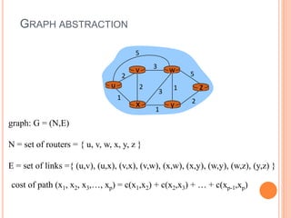 u
y
x
w
v
z
2
2
1
3
1
1
2
5
3
5
graph: G = (N,E)
N = set of routers = { u, v, w, x, y, z }
E = set of links ={ (u,v), (u,x), (v,x), (v,w), (x,w), (x,y), (w,y), (w,z), (y,z) }
GRAPH ABSTRACTION
cost of path (x1, x2, x3,…, xp) = c(x1,x2) + c(x2,x3) + … + c(xp-1,xp)
 