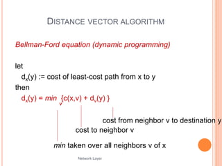 Network Layer 4-24
DISTANCE VECTOR ALGORITHM
Bellman-Ford equation (dynamic programming)
let
dx(y) := cost of least-cost path from x to y
then
dx(y) = min {c(x,v) + dv(y) }
v
cost to neighbor v
min taken over all neighbors v of x
cost from neighbor v to destination y
 