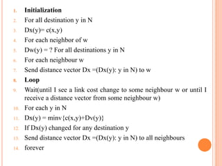 1. Initialization
2. For all destination y in N
3. Dx(y)= c(x,y)
4. For each neighbor of w
5. Dw(y) = ? For all destinations y in N
6. For each neighbour w
7. Send distance vector Dx =(Dx(y): y in N) to w
8. Loop
9. Wait(until I see a link cost change to some neighbour w or until I
receive a distance vector from some neighbour w)
10. For each y in N
11. Dx(y) = minv{c(x,y)+Dv(y)}
12. If Dx(y) changed for any destination y
13. Send distance vector Dx =(Dx(y): y in N) to all neighbours
14. forever
 