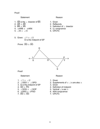8
Proof:
Statement Reason
1. AR is the ⊥ bisector of BX 1. Given
2. AR ≅ AR 2. Reflexivity
3. BR ≅ XR 3. Definition of ⊥ bisector
4. ∆ARB ≅ ∆ARX 4. LL congruence
5. ∠ B ≅ ∠ X 5. CPCTC
5. Given: ∠ 1 ≅ ∠ 2
O is the midpoint of SP
Prove: DO ≅ SO
Proof:
Statement Reason
1. ∠ 1 ≅ ∠ 2 1. Given
2. ∠ DSO ≅ ∠ SPO 2. Supplements of ≅ ∠ s are also ≅
3. O is the midpoint of SP 3. Given
4. SO ≅ PO 4. Definition of midpoint
5. ∠ DOS ≅ ∠ SOP 5. Vertical ∠ s are ≅
6. ∆ SDO ≅ ∆ PSO 6. ASA congruence
7. DO ≅ SO 7. CPCTC
1
2S
D
O
S
P
 