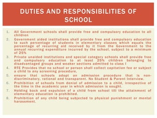 1. All Government schools shall provide free and compulsory education to all
children
2. Government aided institutions shall provide free and compulsory education
to such percentage of students in elementary classes which equals the
percentage of recurring aid received by it from the Government to the
annual recurring expenditure incurred by the school, subject to a minimum
of 25%
3. Private unaided institutions and special category schools shall provide free
and compulsory education to at least 25% children belonging to
disadvantaged groups and weaker sections admitted to class I
4. RTE Provides that no school or person shall collect capitation fee or subject
a child to any screening procedure,
5. ensure that schools adopt an admission procedure that is non-
discriminatory, rational and transparent. No Student & Parent Interview.
6. Prohibition of schools from denial of admission to a child, irrespective of
the time in the academic year in which admission is sought.
7. Holding back and expulsion of a child from school till the attainment of
elementary education is prohibited.
8. Prohibition of any child being subjected to physical punishment or mental
harassment.
DUTIES AND RESPONSIBILITIES OF
SCHOOL
 