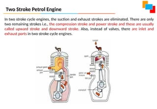 In two stroke cycle engines, the suction and exhaust strokes are eliminated. There are only
two remaining strokes i.e., the compression stroke and power stroke and these are usually
called upward stroke and downward stroke. Also, instead of valves, there are inlet and
exhaust ports in two stroke cycle engines.
Two Stroke Petrol Engine
 