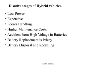 Dr TSN, JSSATEB
Disadvantages of Hybrid vehicles.
• Less Power
• Expensive
• Poorer Handling
• Higher Maintenance Costs
• Accident from High Voltage in Batteries
• Battery Replacement is Pricey
• Battery Disposal and Recycling
 