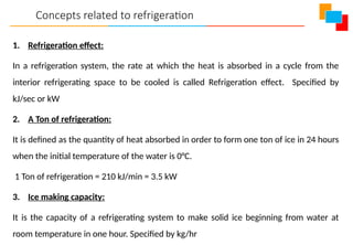 Concepts related to refrigeration
1. Refrigeration effect:
In a refrigeration system, the rate at which the heat is absorbed in a cycle from the
interior refrigerating space to be cooled is called Refrigeration effect. Specified by
kJ/sec or kW
2. A Ton of refrigeration:
It is defined as the quantity of heat absorbed in order to form one ton of ice in 24 hours
when the initial temperature of the water is 0°C.
1 Ton of refrigeration = 210 kJ/min = 3.5 kW
3. Ice making capacity:
It is the capacity of a refrigerating system to make solid ice beginning from water at
room temperature in one hour. Specified by kg/hr
 
