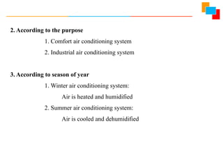 2. According to the purpose
1. Comfort air conditioning system
2. Industrial air conditioning system
3. According to season of year
1. Winter air conditioning system:
Air is heated and humidified
2. Summer air conditioning system:
Air is cooled and dehumidified
 