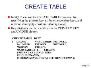 Slide 8-4
CREATE TABLE
 In SQL2, can use the CREATE TABLE command for
specifying the primary key attributes, secondary keys, and
referential integrity constraints (foreign keys).
 Key attributes can be specified via the PRIMARY KEY
and UNIQUE phrases
CREATE TABLE DEPT
( DNAME VARCHAR(10) NOT NULL,
DNUMBER INTEGER NOT NULL,
MGRSSN CHAR(9),
MGRSTARTDATE CHAR(9),
PRIMARY KEY (DNUMBER),
UNIQUE (DNAME),
FOREIGN KEY (MGRSSN) REFERENCES EMP );
 