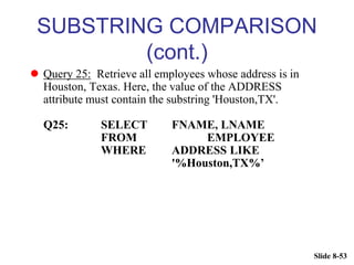 Slide 8-53
SUBSTRING COMPARISON
(cont.)
 Query 25: Retrieve all employees whose address is in
Houston, Texas. Here, the value of the ADDRESS
attribute must contain the substring 'Houston,TX'.
Q25: SELECT FNAME, LNAME
FROM EMPLOYEE
WHERE ADDRESS LIKE
'%Houston,TX%’
 