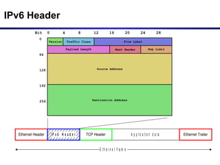 IPv6 Header
A p p lic a tio n d a taTCP HeaderEthernet Header Ethernet Trailer
E th e r n e t fr a m e
IP v 6 H e a d e r
 
