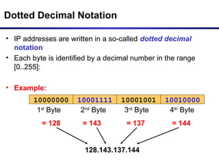 Dotted Decimal Notation
• IP addresses are written in a so-called dotted decimal
notation
• Each byte is identified by a decimal number in the range
[0..255]:
• Example:
1000111110000000 10001001 10010000
1st
Byte
= 128
2nd
Byte
= 143
3rd
Byte
= 137
4th
Byte
= 144
128.143.137.144
 
