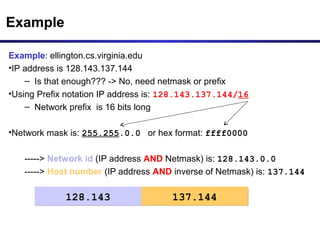 Example: ellington.cs.virginia.edu
•IP address is 128.143.137.144
– Is that enough??? -> No, need netmask or prefix
•Using Prefix notation IP address is: 128.143.137.144/16
– Network prefix is 16 bits long
•Network mask is: 255.255.0.0 or hex format: ffff0000
-----> Network id (IP address AND Netmask) is: 128.143.0.0
-----> Host number (IP address AND inverse of Netmask) is: 137.144
Example
128.143128.143 137.144137.144
 