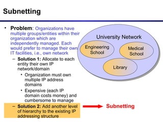 Subnetting
Subnetting
University NetworkUniversity Network
Medical
School
Library
Engineering
School
• Problem: Organizations have
multiple groups/entities within their
organization which are
independently managed. Each
would prefer to manage their own
IT facilities, i.e., own network
– Solution 1: Allocate to each
entity their own IP
network/domain
• Organization must own
multiple IP address
domains
• Expensive (each IP
domain costs money) and
cumbersome to manage
– Solution 2: Add another level
of hierarchy to the existing IP
addressing structure
 