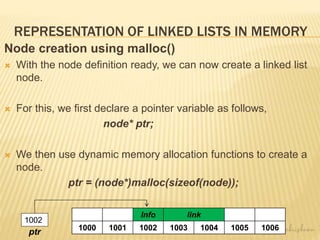 REPRESENTATION OF LINKED LISTS IN MEMORY
Node creation using malloc()
 With the node definition ready, we can now create a linked list
node.
 For this, we first declare a pointer variable as follows,
node* ptr;
 We then use dynamic memory allocation functions to create a
node.
ptr = (node*)malloc(sizeof(node));
1000 1001 1002 1003 1004 1005 1006
Info link
1000 1001 1002 1003 1004 1005 1006
1002
ptr
 
