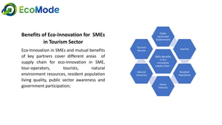 Benefits of Eco-Innovation for SMEs
in Tourism Sector
Eco-Innovation in SMEs and mutual benefits
of key partners cover different areas of
supply chain for eco-innovation in SME,
tour-operators, tourists, natural
environment resources, resident population
living quality, public sector awareness and
government participation;
SMEs Benefits
in Eco
innovative
supply chain :
Public
sectorand
Government
tourists
Resident
Population
Green
Industry
Natural
resources
Tourism
Service
 