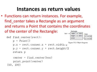Instances as return values
• Functions can return instances. For example,
find_center takes a Rectangle as an argument
and returns a Point that contains the coordinates
of the center of the Rectangle:
 
