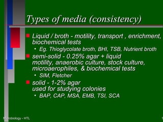 Types of media (consistency)
               s     Liquid / broth - motility, transport , enrichment,
                     biochemical tests
                     • Eg. Thioglycolate broth, BHI, TSB, Nutrient broth
               s     semi-solid - 0.25% agar + liquid
                     motility, anaerobic culture, stock culture,
                     microaerophiles, & biochemical tests
                     • SIM, Fletcher
               s     solid - 1-2% agar
                     used for studying colonies
                     • BAP, CAP, MSA, EMB, TSI, SCA



Microbiology - HTL                                                         1
 